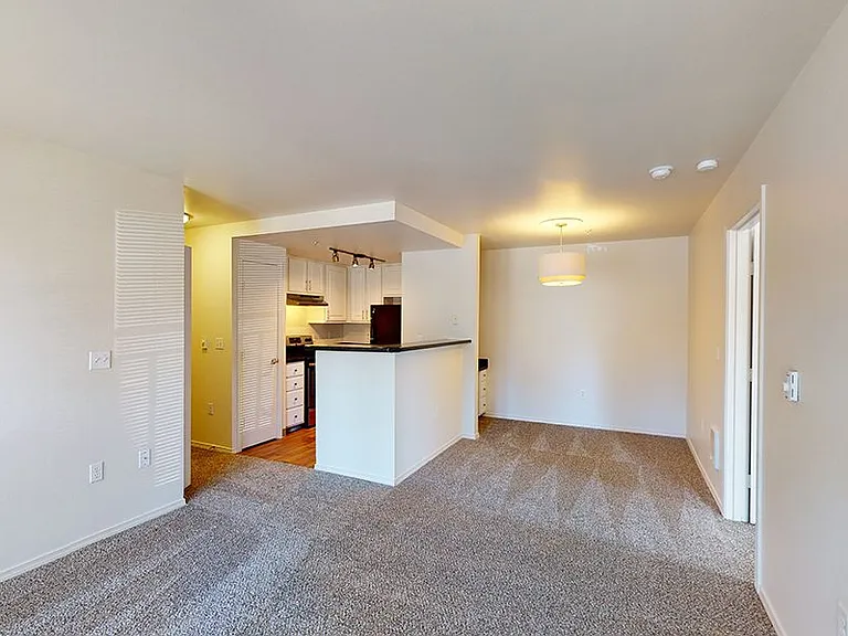 Apartment kitchen, dining and living room with plush carpet flooring.