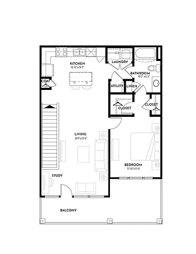 Floor plan 1BR 1BA (857 SF)