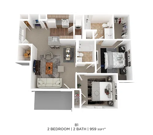 Floor plan Two Bed Two Bath 959 Sqft