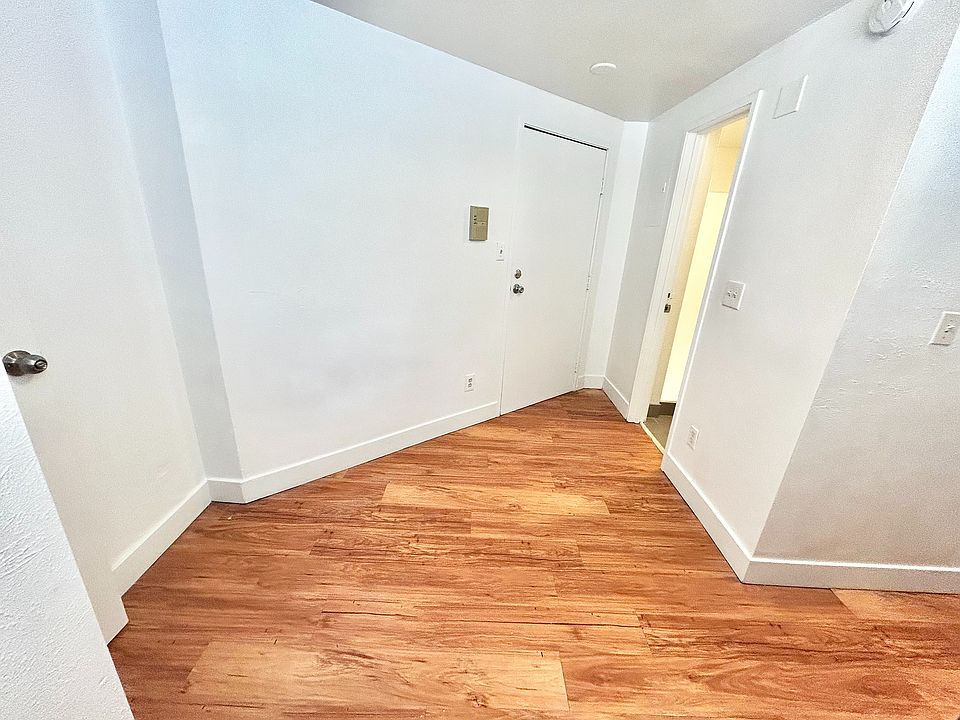 Inviting apartment entryway featuring elegant hardwood floors and sleek white walls, setting a modern tone.