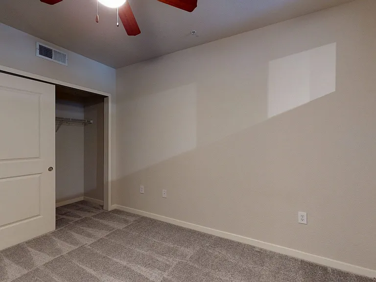 Spacious apartment bedroom with plush carpet flooring.