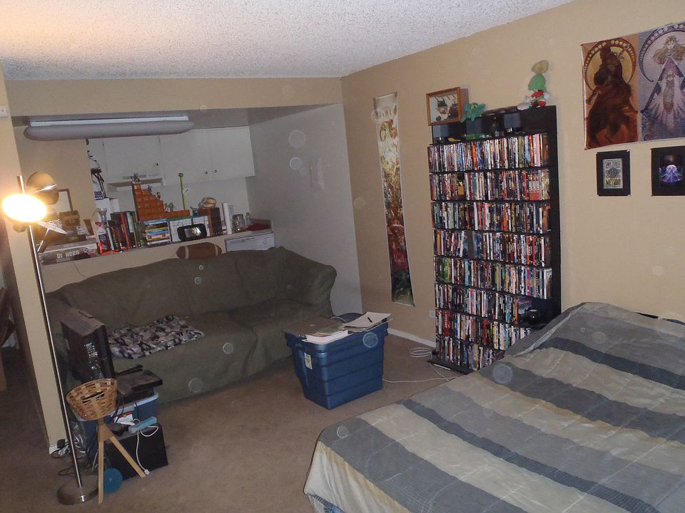 Living area and kitchen in the back