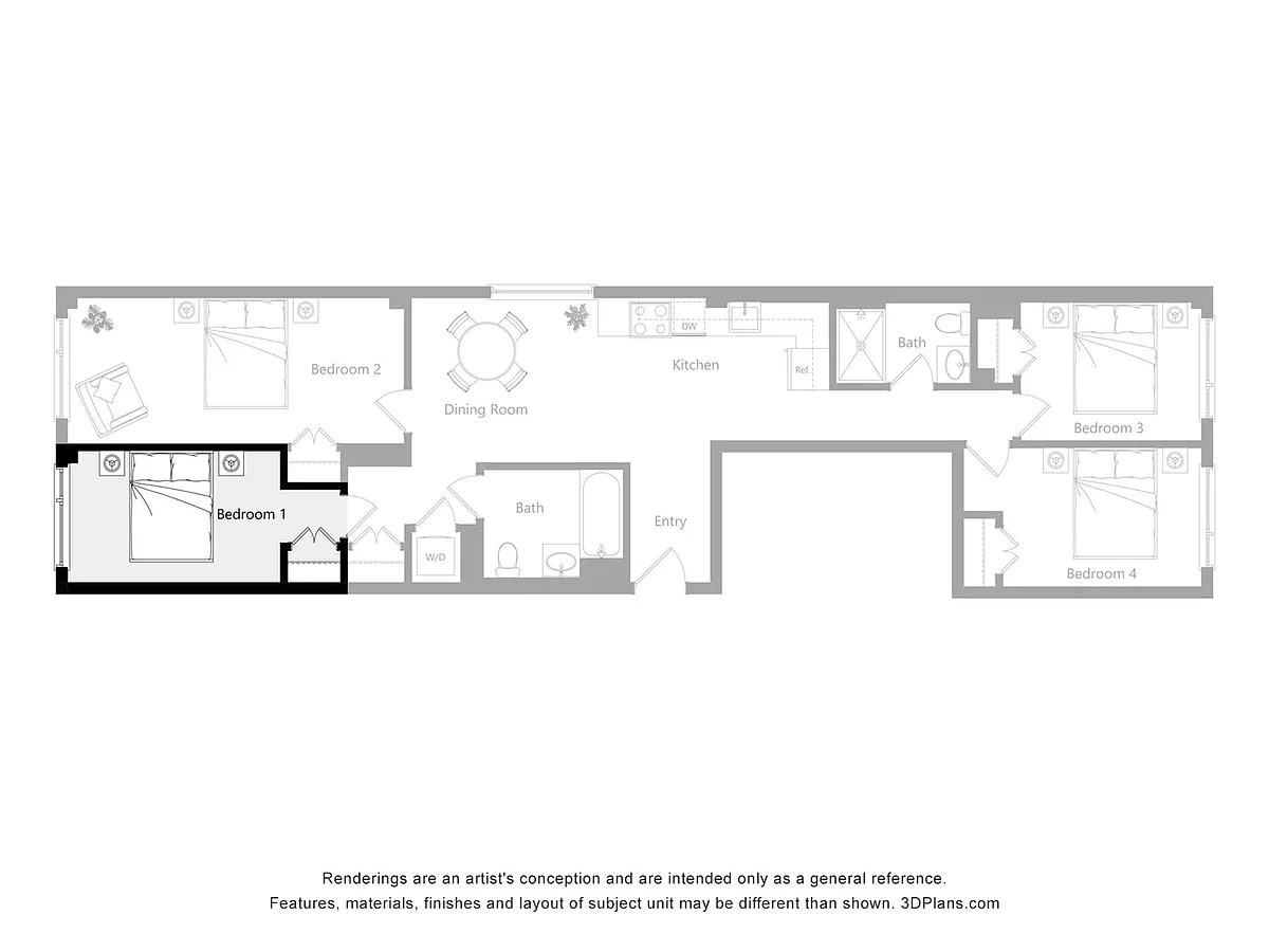 Floor plan Furnished Room in a 4 Bedroom 2 Bathroom (K1)