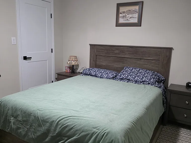 View of the queen bed, nightstands, and bedroom closet