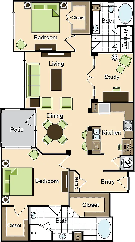 Floor plan Two Bedroom Two Bath with Den (1417 SF)