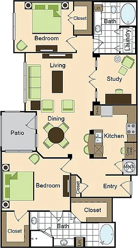 Floor plan Two Bedroom Two Bath with Den (1417 SF)