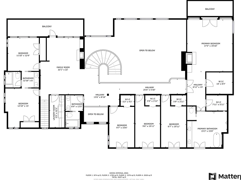 Upper Level: 2,658 SQFT of private space for 6 bedrooms and living space