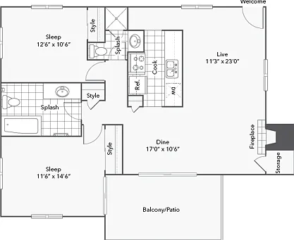 2BR x 2BA with Mountain View Floorplan 2BR x 2BA with Mountain View Floorplan