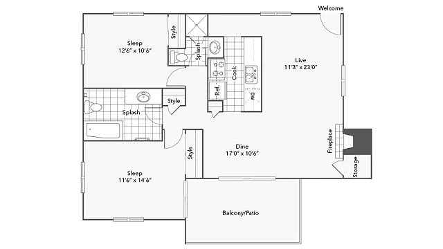 Floor plan 2 BR x 2 BA with Mountain View