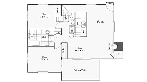 Floor plan 2 BR x 2 BA with Mountain View