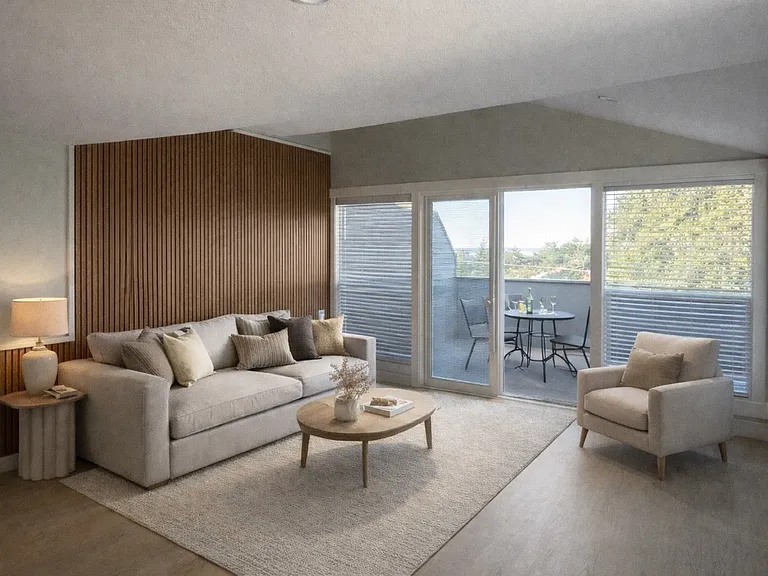 Decorative acoustic sound wood paneling in main living area.