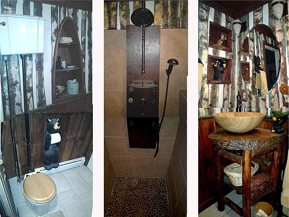 6 pic composite of upstairs "woodland" theme bathroom