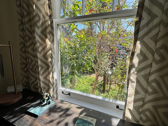 view of the garden from the desk