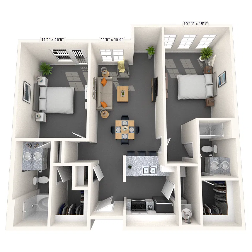 Floor plan Traditional 2x2 1008-1142 SF
