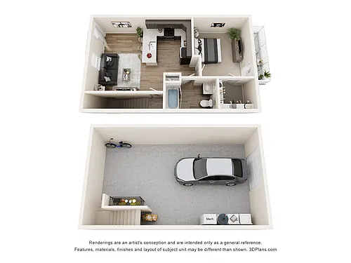 Floor plan 1 Bedroom with Drive Under Garage - 680sf