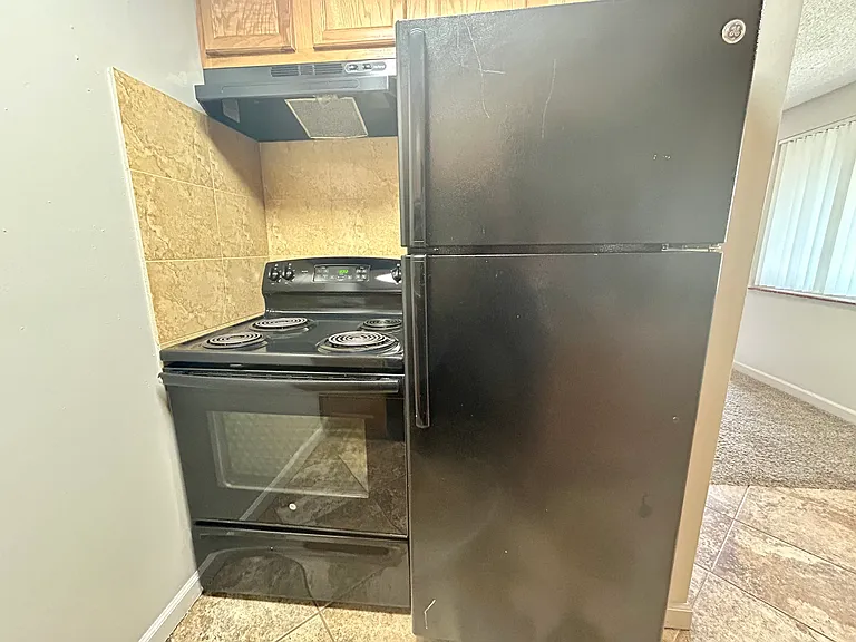 Modern kitchen featuring a sleek black refrigerator and stove with elegant tiled backsplash, offering a stylish and functional cooking space. Modern kitchen featuring a sleek black refrigerator and stove with elegant tiled backsplash, offering a stylish a