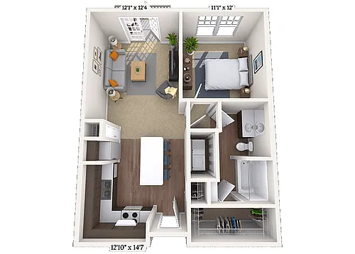 Floor plan Traditional 1x1 657-743 SF