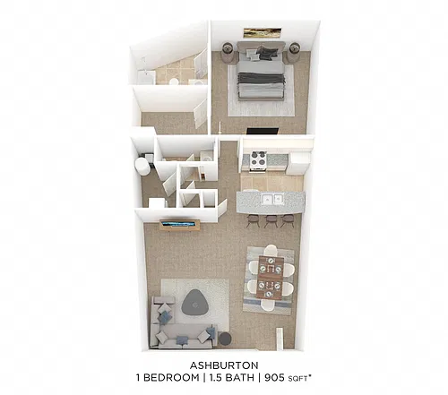 Floor plan One Bedroom 1.5 Bath- Ashburton