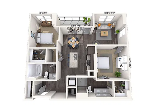 Floor plan Traditional 2x2 1033-1121 SF