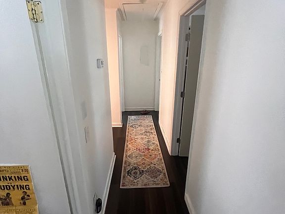 Hallway to bedrooms from the living room perspective - Kitchen is to the left through the door with the yellow poster.