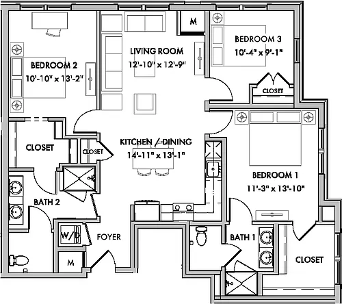 Floor plan Mansions 1 3 Bed/2 Bath-C6