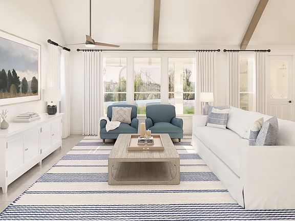 Great room with vaulted ceiling and stained ceiling beams