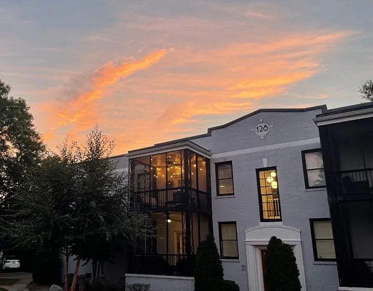 Sunset view of string-lit porch