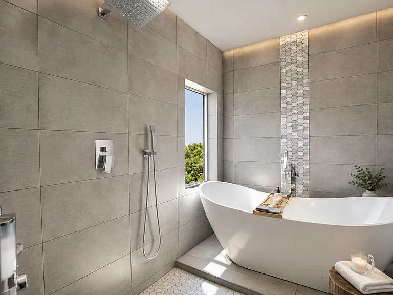 Shower and Tub in one beautiful tiled room with 13 ft ceilings and custom glass shower doors. When showering water does not touch tub! View from tub is Granite Mountain and serenety awaits.
