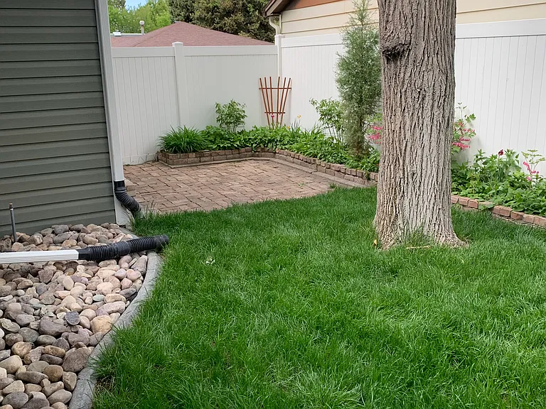 Back yard looking towards brick patio outside the front bedroom/office