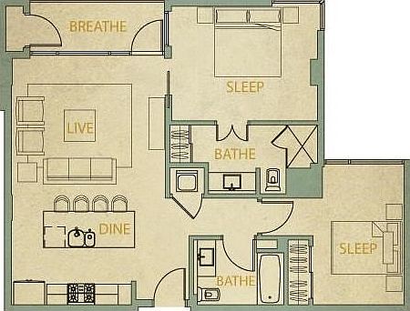 Popular 2A floor plan, 937 SF.