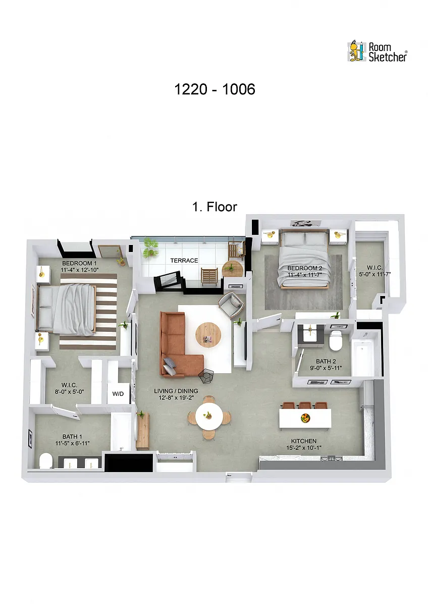 Floor plan J23 2 Bed, 2 Bath, Penthouse, Terrace