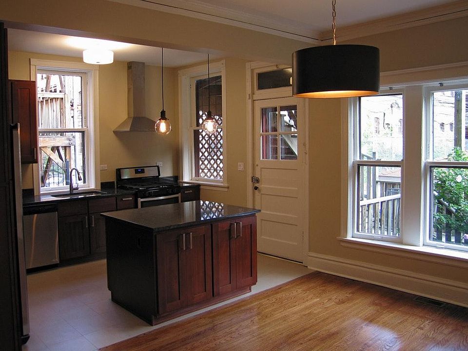 Dining room on the right, kitchen on the left