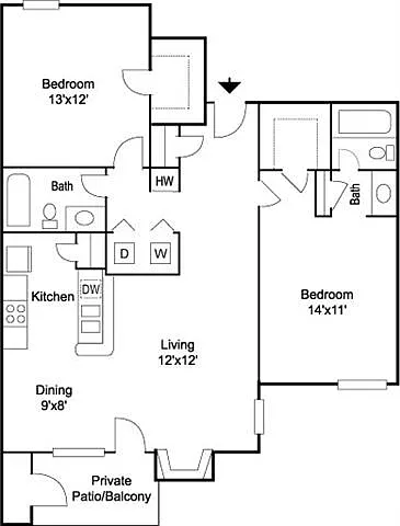 Floor plan Bentley 2BR 2BA 1020 sq ft