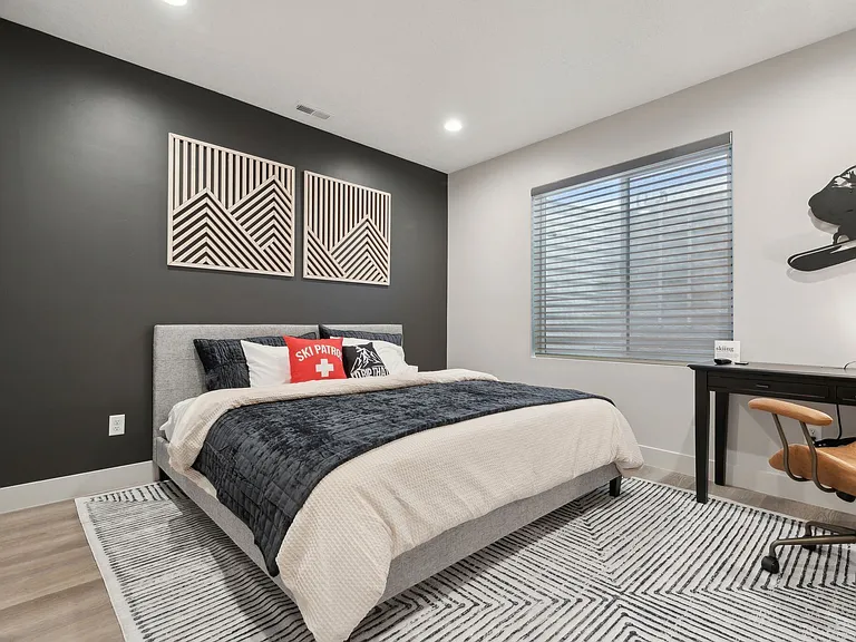 King "Ski" Bedroom downstairs with TV and Desk
