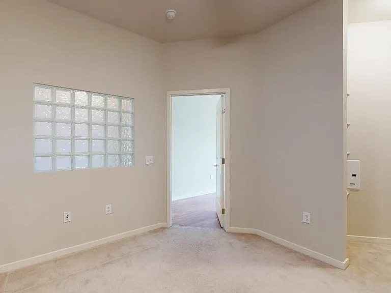 Spacious apartment bedroom with plush carpet flooring.