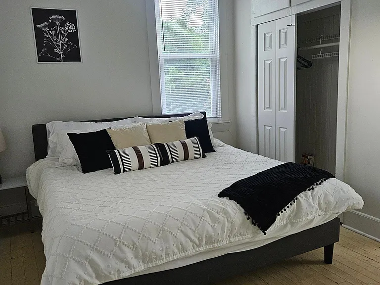 Bedroom with queen bed, closet and great light through window