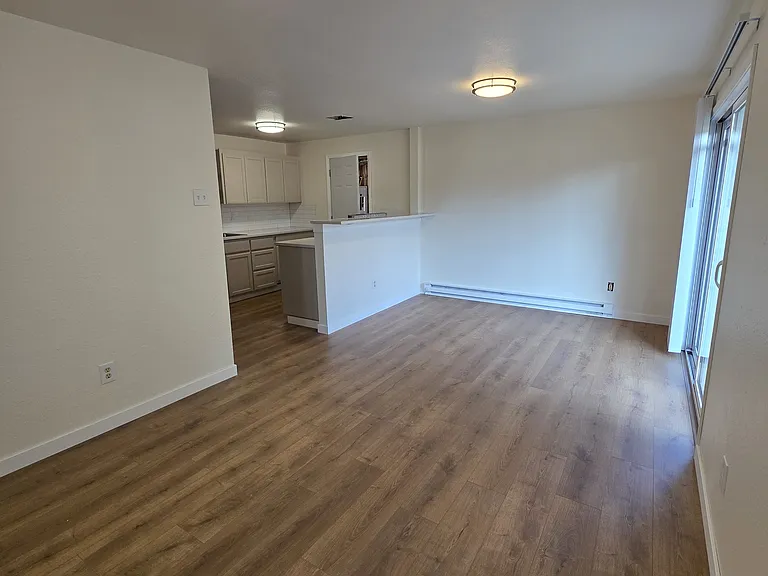 This family room offers LVP flooring new light fixture and room for a dining table as well