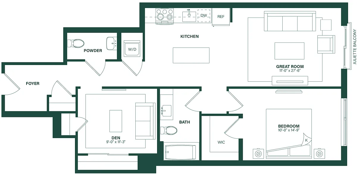 Floor plan 1 Bed/1.5 Bath Den-1M