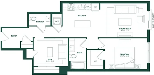 Floor plan 1 Bed/1.5 Bath Den-1M