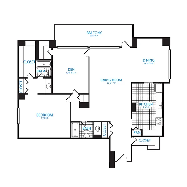 Floor plan 1 Bedroom + Den, 2 Bath 1266 SF A17