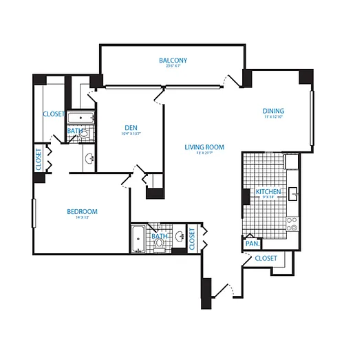 Floor plan 1 Bedroom + Den, 2 Bath 1266 SF A17