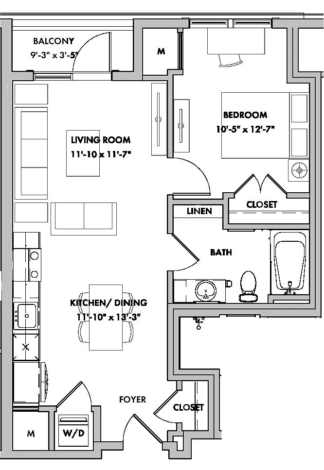 Floor plan Melford I 1 Bed/1 Bath-A1-B