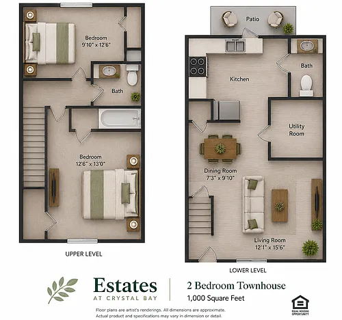 Floor plan Two Bedroom 1.5 Bath Townhouse 1000 sq ft