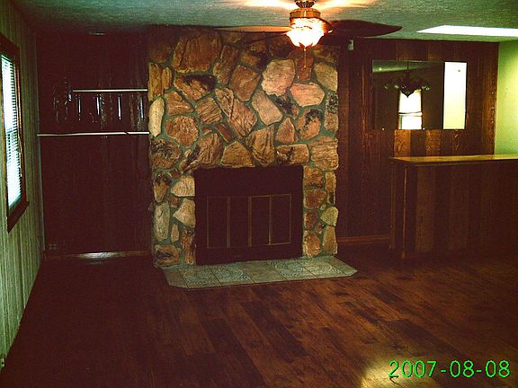 Stone wood-burning fireplace