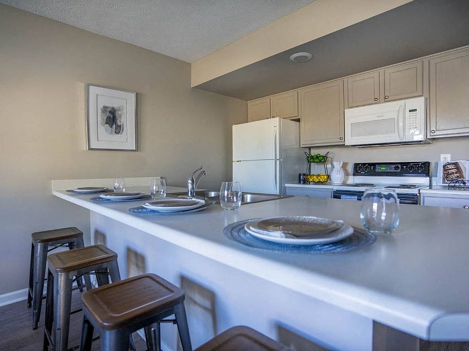 Kitchen area of great room with breakfast bar & bar stools