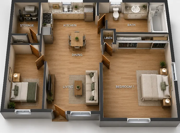 2 Bed 1 Bath Floorplan Diagram