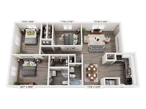 Floor plan 3 Bedroom 2 Bath B Renovated