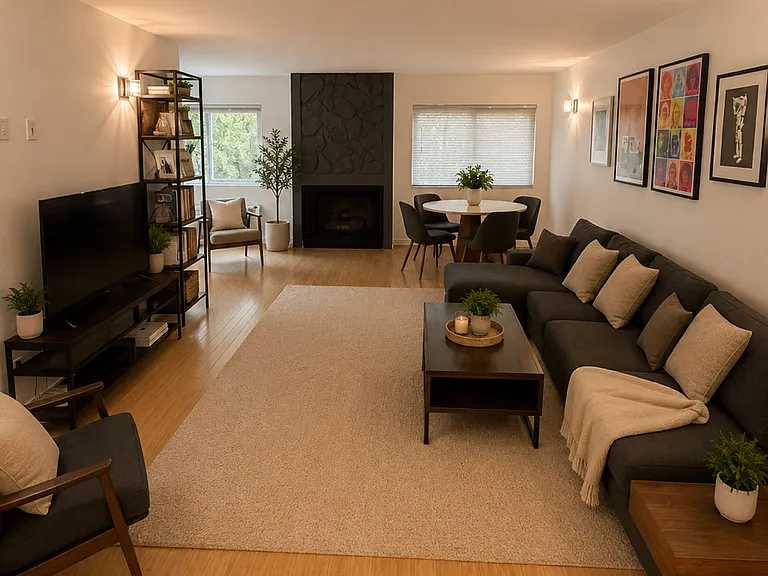 Large living room fits a very long couch. Fireplace in living room