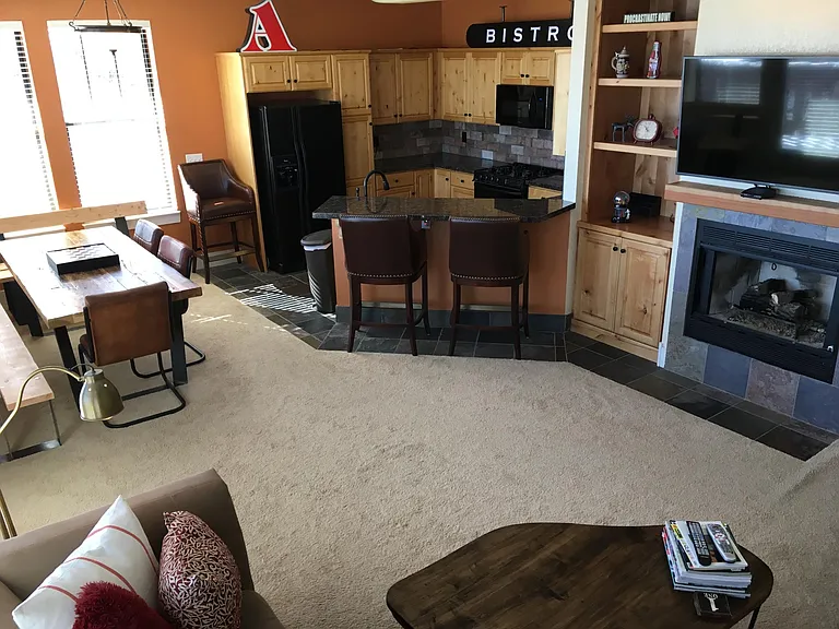 Living room, dining room and kitchen