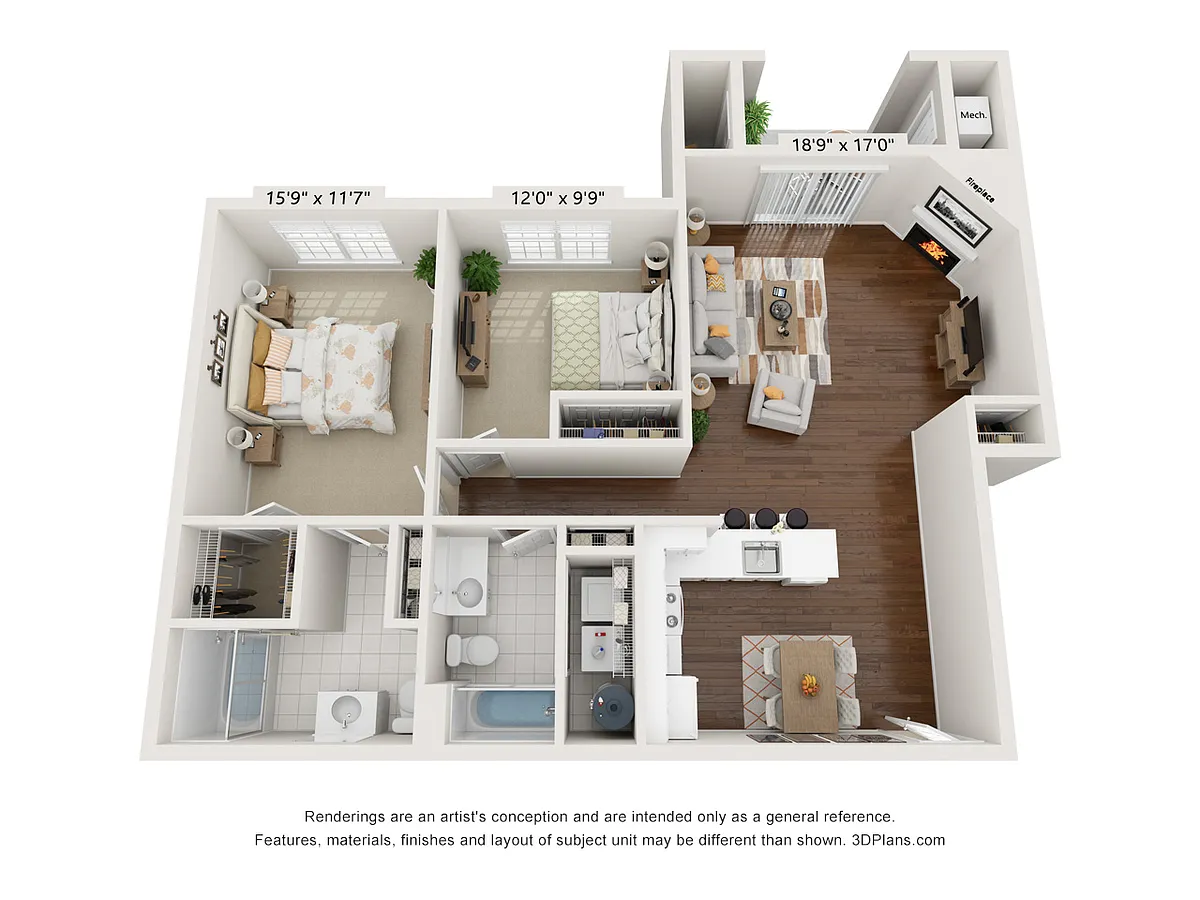 Floor plan Hen One - 2 Bed 2 Bath 1st floor Interior
